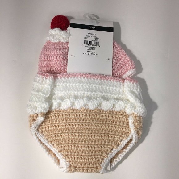 Hand Crocheted Hat And Diaper Cover Ice Cream Sz 0-9 Months Infant Baby Photo - Picture 7 of 12